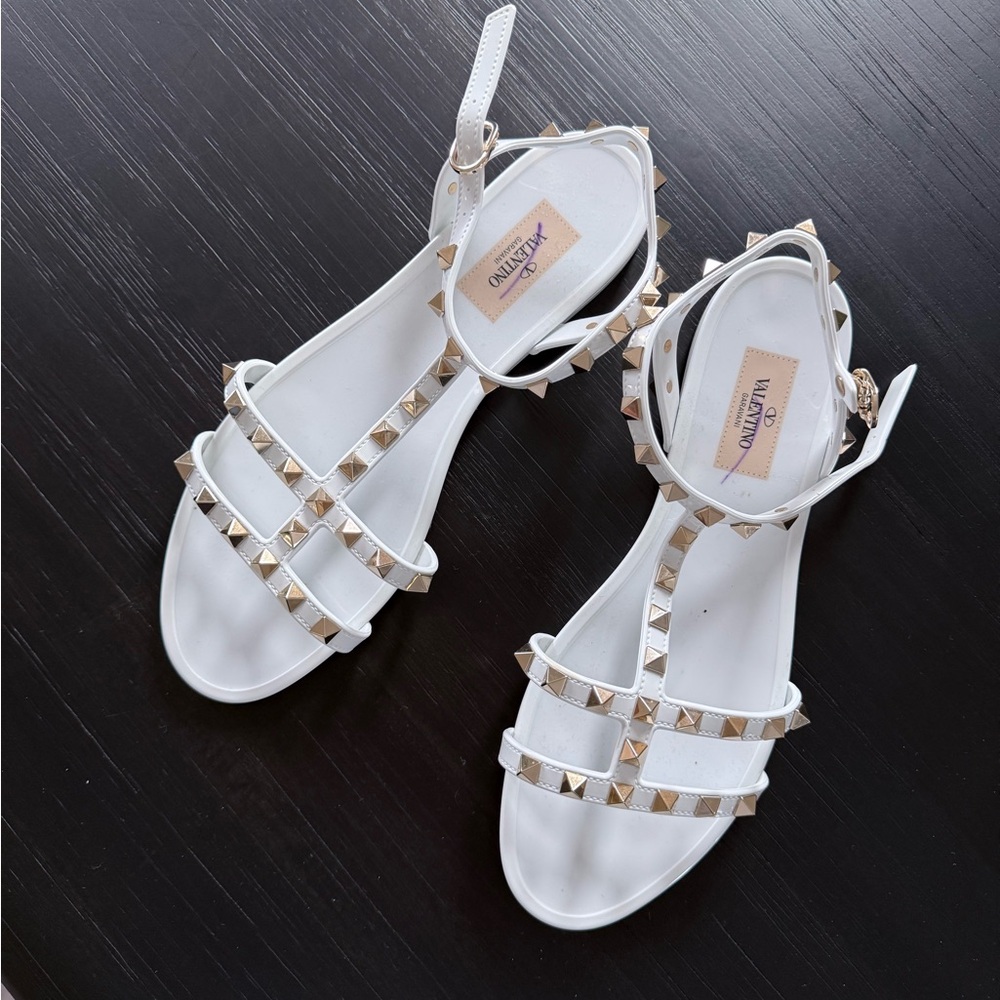 Valentino White Rockstud Strappy Flat Sandals with Gold Studs